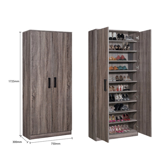 Wooden shoe cabinet with open doors showing shoes, dimensions on the side.