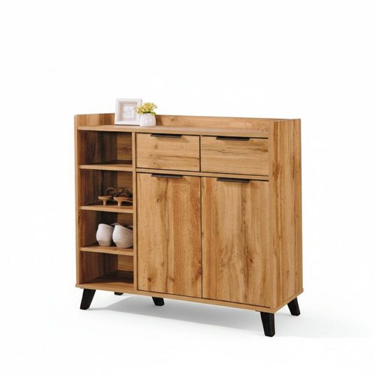 Wooden cabinet with shelves and drawers on a white background