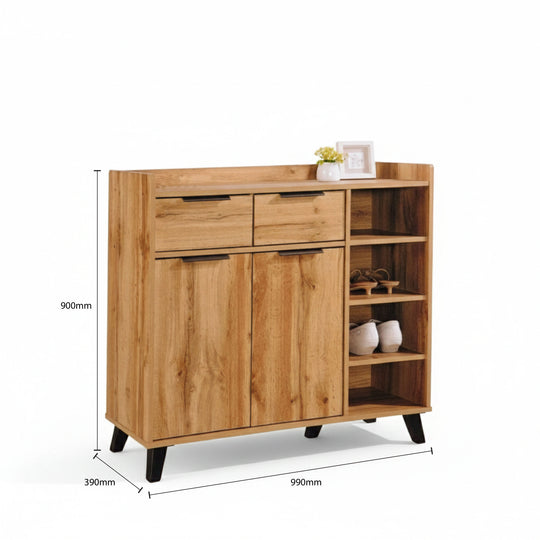 Wooden shoe cabinet with dimensions on a white background