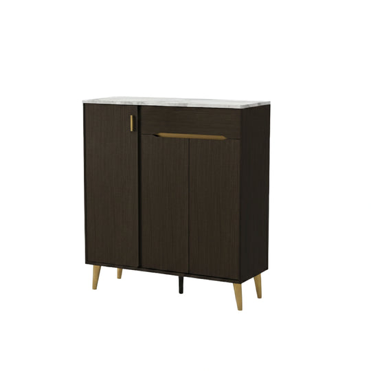 Dark wood cabinet with white countertop on a white background
