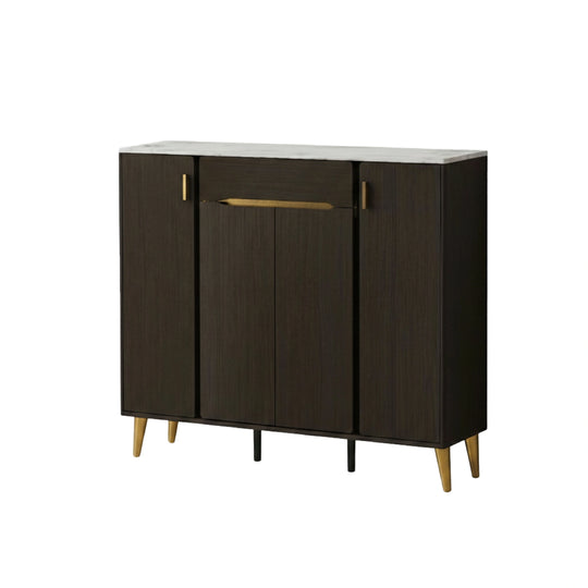 Dark wood cabinet with white countertop on a white background
