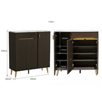 Dark wood cabinet with open door showing shelves, dimensions labeled on a white background