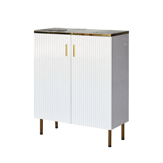 White cabinet with gold accents on a white background