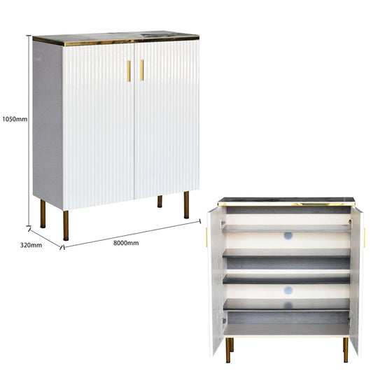 White cabinet with gold handles and dimensions displayed on a white background