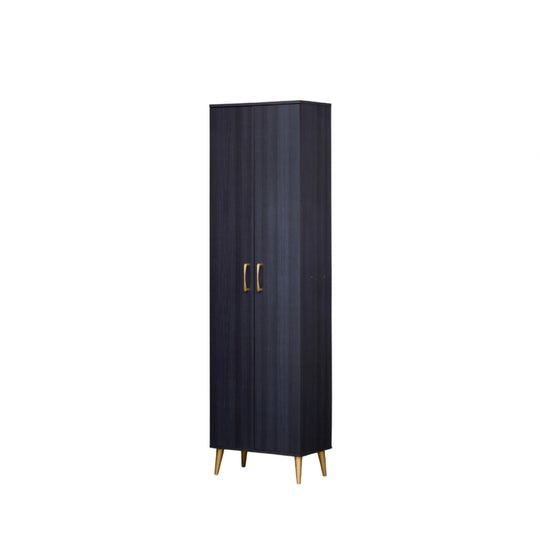 Black cabinet with gold handles on a white background