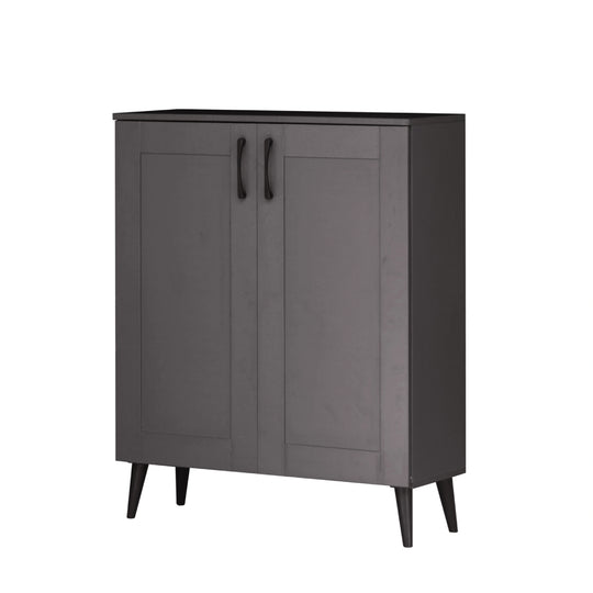 Dark gray cabinet with two doors and black legs on a white background