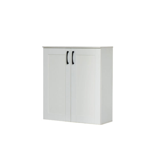 White cabinet with black handles on a white background