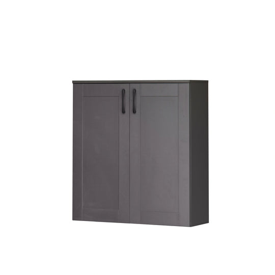 Dark gray cabinet with two doors and handles on a white background