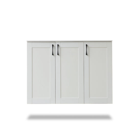 White cabinet with three doors on a white background