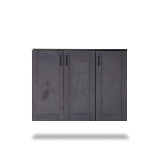 Dark gray storage cabinet with three doors on a white background