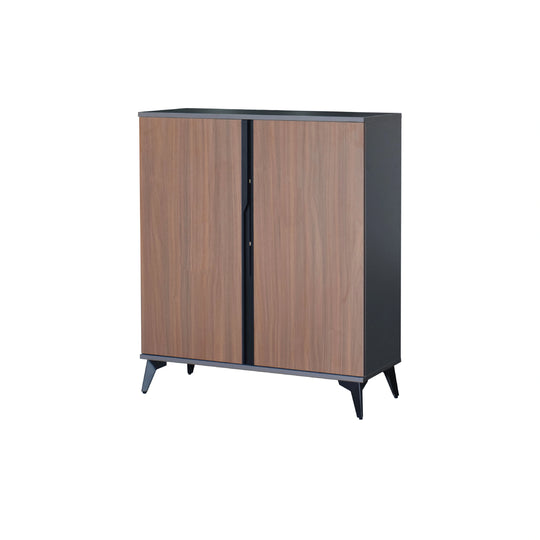Wooden cabinet with black legs on a white background