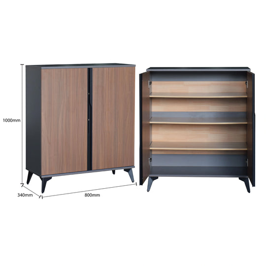 Wooden cabinet with open door showing shelves, dimensions indicated on a white background
