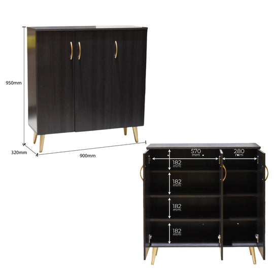 Black cabinet with dimensions labeled on a white background