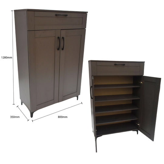 Brown cabinet with open door showing shelves, dimensions labeled on a white background