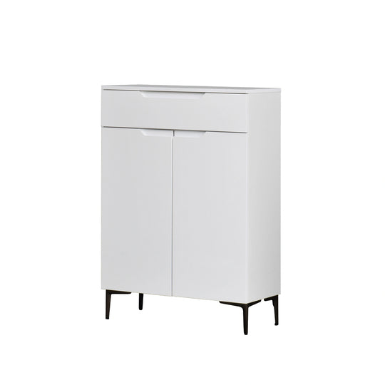 White cabinet with black legs on a white background