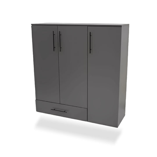 Gray cabinet with two doors and a drawer on a white background