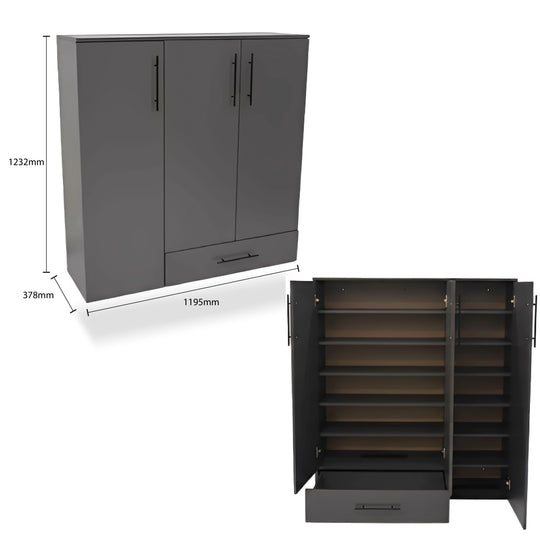 Gray storage cabinet with dimensions and open shelf view on a white background