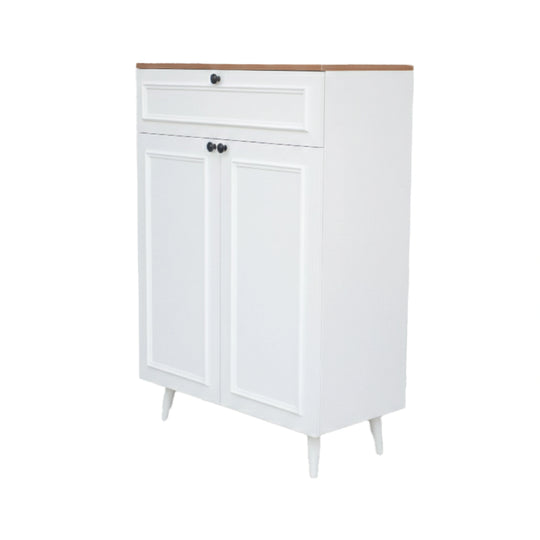 White cabinet with a wooden top on a white background