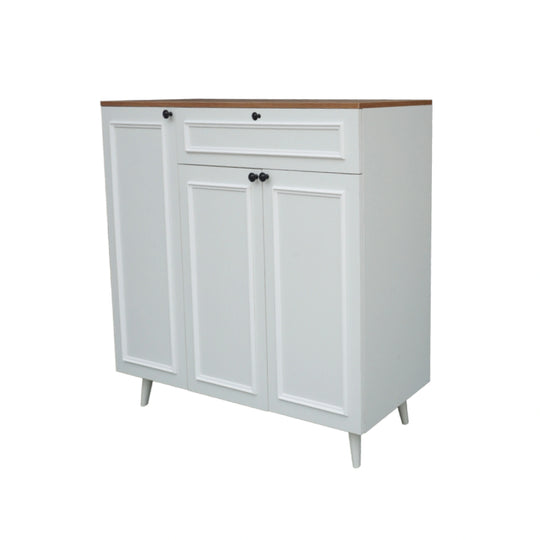 White cabinet with wooden top on a white background