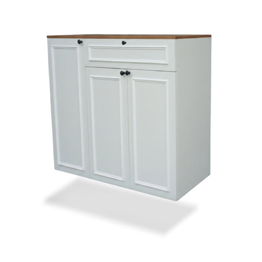 White kitchen cabinet with a wooden top on a white background