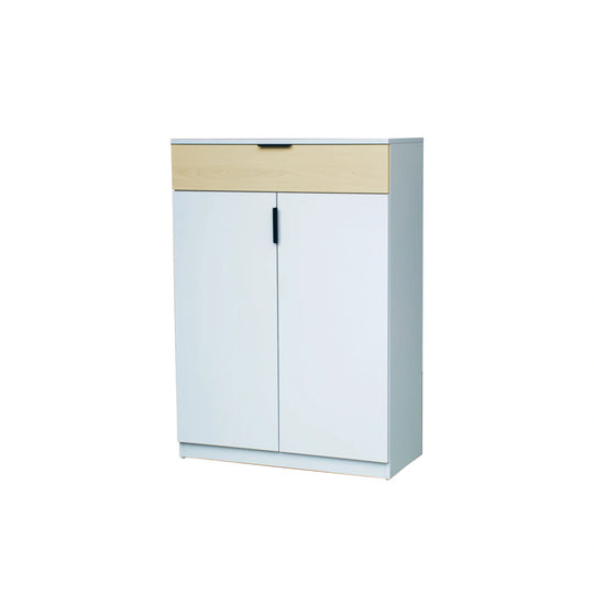 White cabinet with a beige top on a white background