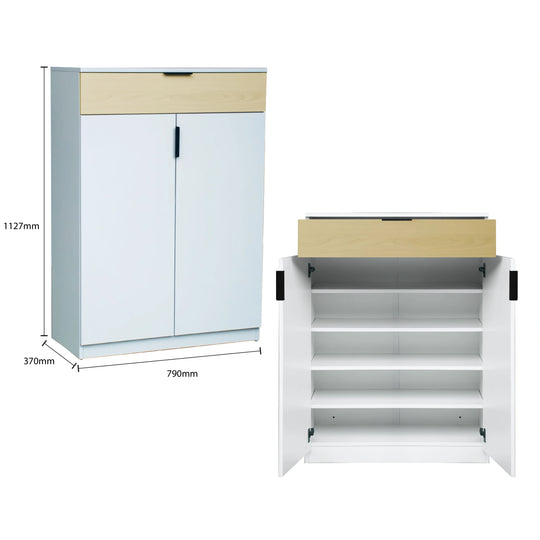 White storage cabinet with wooden top and dimensions displayed