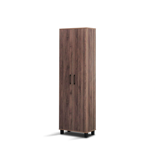 Tall wooden cabinet with two doors on a white background