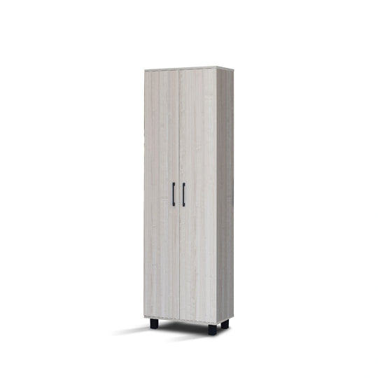 Tall gray wardrobe with black handles on a white background